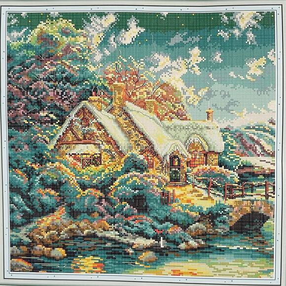 House in the Hills Stamped Cross Stitch Kit Maydear 20" x 20" Cottage Scene - Picture 1 of 5